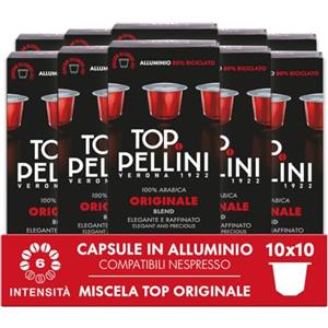 Pellini Top 100% Arabica, 100 Capsule in Alluminio Compatibili Nespresso, Miscela pregiata di Caffè 100% Arabica con Sentori di Cacao e Agrumi, 10 Confezioni da 10 Capsule