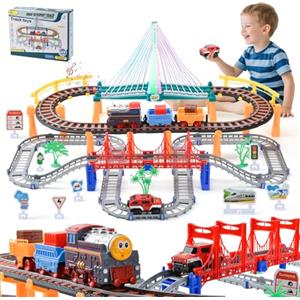 LTFIOON Trenino Elettrico per Bambini,140 PCS Piste Macchinine per Bambini,Giocattolo Auto Pista Flessibile,Piste per Automobili con Ponte,Macchinina Giocattoli Natale Regalo 3 4 5 6 7 8 Anni