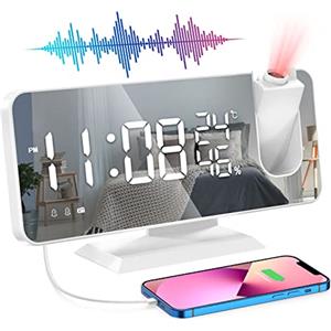 ShinePick Sveglia Digitale, Radio Sveglia da Comodino con Proiettore Rotazione di 180° Doppio Allarme Snooze 6 Luminosità 12/24H Temperatura Umidità, FM Radiosveglia LED Porta USB per Letto, Bianca