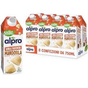 ALPRO SENZA ZUCCHERI, Bevanda alla MANDORLA, Alternativa Vegetale al Latte, Naturalmente Senza Lattosio, con Vitamine B2, B12, D2, E - 8 confezioni da 750 ml