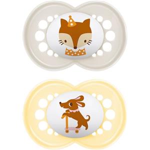 MAM Original Succhietto 6+ Mesi (Set da 2), Ciuccio MAM 6-16 mesi con tettarella ortodontica in silicone, Kit da 2 accessori neonato con pratico porta ciuccio sterilizzatore, Giallo/Neutro