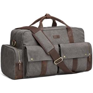 S-ZONE Borsone unisex da 56 l, in tela, con finiture in pelle, borsa sportiva per viaggi, fine settimana, vacanze, Grigio