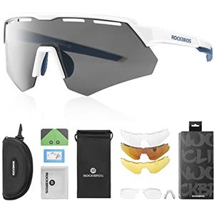 ROCKBROS Occhiali da Sole Ciclismo, Occhiali Polarizzati per Bici MTB Uomo Donna, Occhiali Sportivi con Lenti Intercambiabili, Protezione UV400 (Bianco)
