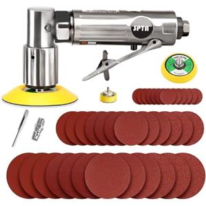 SPTA Levigatrice pneumatica rotorbitale Mini Set ad Aria 25mm / 50mm / 80mm, Set di lucidatrici per Auto con 36 Pezzi di Dischi abrasivi a Grana Mista e 3 Pezzi di platorello