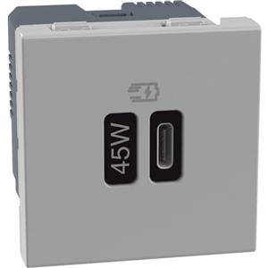 BTICINO Caricatore USB Tipo C, JG4294C, Caricatore con 1 Porta USB Tipo C, Potenza Max 45W, Quick Charge, Power Delivery, Ricarica di Dispositivi Elettronici, Presa Elettrica da Muro, 2 Moduli, Grigio
