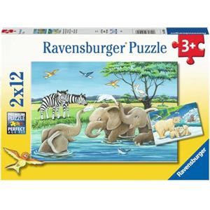 Ravensburger, Puzzle 2x12, 2 puzzle da 12 pezzi, per bambini a partire dai 3 anni, Dimensione Puzzle: 26x18 cm, Dimensione scatola: 28x19x4 cm, Cuccioli di animali di tutto il mondo