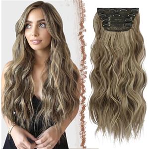 FESHFEN Extension Capelli a Clip - 4PCS Lunga Ondulati Capelli Estensioni Clips Ricci Sintetici Posticci Capelli Extensions con Clip per Donna 50 cm Karamellbraun gemischt mit Aschblond