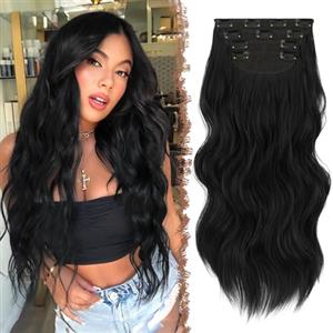 FESHFEN Extension Capelli a Clip - 4PCS Lunga Ondulati Nero Capelli Estensioni Clips Ricci Sintetici Posticci Capelli Extension con Clip in Hair Extensions per Donna 50 cm