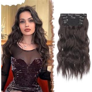 FESHFEN Extension per capelli con clip, 4 pezzi, capelli lunghi ondulati, spessi, con evidenziazione, sintetici, ricci castano scuro, 40,6 cm