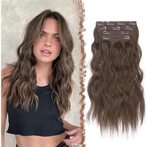 FESHFEN Extension per capelli con clip, 4 pezzi, capelli ondulati e ricci, spessi, extension sintetiche naturali, per donne, 40,6 cm, castano
