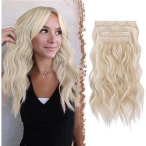 FESHFEN Extension Capelli a Clip 4PCs Lunga Clip in Extensions Capelli Estensioni Ricci Ondulati Sintetici Posticci Extension per Donna 40 cm, Biondo beige chiaro misto a biondo crema