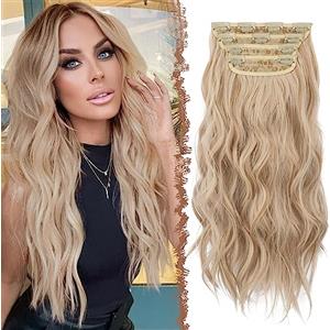 FESHFEN Extension Capelli a Clip - 4PCS Lunga Ondulati Blond Capelli Estensioni Clips Ricci Sintetici Posticci Capelli Extensions con Clip per Donna 50 cm Honigblond Gemischt Platinblond