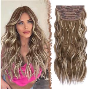 FESHFEN Extension Capelli a Clip - 4PCS Lunga Ondulati Capelli Estensioni Clips Ricci Sintetici Posticci Capelli Extensions con Clip per Donna 50 cm Castano Chiaro misto a Biondo Chiaro