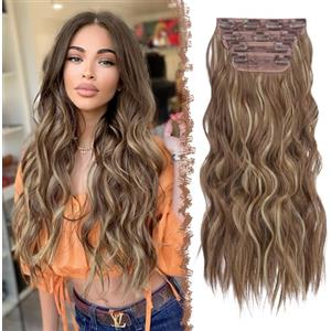 FESHFEN Extension Capelli a Clip - 4PCS Lunga Ondulati Capelli Estensioni Clips Ricci Sintetici Posticci Capelli Extension con Clip in Hair Extensions per Donna 50 cm Castano Chiaro e Biondo