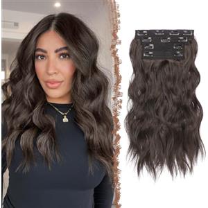 FESHFEN Extension Capelli a Clip 4PCs Lunga in Hair Extension Ricci Ondulati Sintetici Posticci Con Clip per Donna 40 cm, Nero Marrone