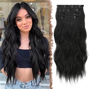 FESHFEN Extension Capelli a Clip - 4PCS Lunga Ondulati Nero Naturale Capelli Estensioni Clips Ricci Sintetici Posticci Capelli Extension con Clip in Hair Extensions per Donna 50 cm