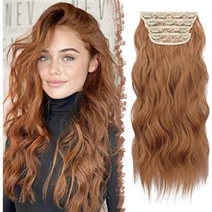 FESHFEN Extension Capelli a Clip - 4PCS Lunga Ondulati Marrone Auburn Capelli Estensioni Clips Ricci Sintetici Posticci Capelli Extension con Clip in Hair Extensions per Donna 50 cm