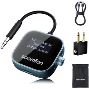 SOOMFON 2 in 1 Trasmettitore e ricevitore Bluetooth 5.3, Adattatore Audio Bluetooth AUX Jack da 3,5 mm con display, supporta la connessione di 2 Cuffie, adatto per TV, Aereo, Auto e Impianto Stereo
