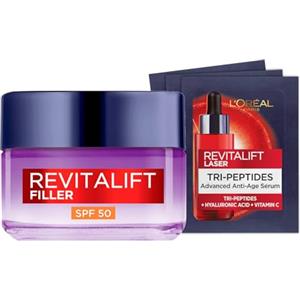 L'Oreal Paris L'Oréal Paris Revitalift Filler Crema Giorno Trattamento Rivolumizzante Anti-Rughe SPF 50 con Acido Ialuronico 50ml + Revitalift Laser Siero Tri-Peptidi Anti-Età Bundle Routine - Set da 4