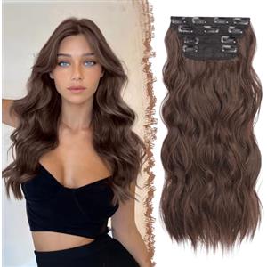FESHFEN Extension Capelli a Clip - 4PCS Lunga Ondulati Marrone Cioccolato Capelli Estensioni Clips Ricci Sintetici Posticci Capelli Extension con Clip in Hair Extensions per Donna 50 cm