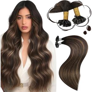 Moresoo Extension Capelli Veri Cheratina Balayage Castano Scuro a Marrone Medio con Castano Scuro Remy Extension Cheratina 50 Ciocche #2/6/2 35 cm 40g