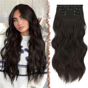 FESHFEN Extension Capelli a Clip - 4PCS Lunga Ondulati Nero Marrone Capelli Estensioni Clips Ricci Sintetici Posticci Capelli Extension con Clip in Hair Extensions per Donna 50 cm