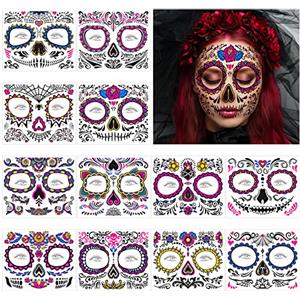 URAQT Adesivi Halloween Viso, 12 Fogli Tatuaggi Halloween Faccia Adesivi Viso Luminosi di Halloween, Giorno dei Morti Tatuaggi Faccia per Carnevale Party Trucco, con Cranio Floreale Web