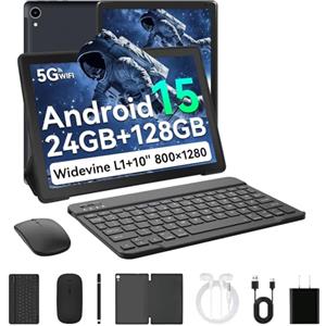 Laptok Android 15 Tablet 10 Pollici, 24GB RAM+128GB ROM, Octa Core 2.0GHz /WiFi 6+2.4G/GMS/5000mAh/Bluetooth 5.2/Widevine L1/8MP+5MP/Tablet 2 in 1 con Tastiera, Mouse, Cuffie, Penna e Custodia