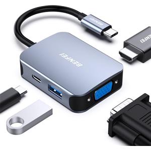 BENFEI HUB USB C 4in1,Multiporta Adattatore USB C con 4K HDMI/ 1080P VGA/ 5 Gbps USB 3.0 Porta dati/Tipo C 60W Power Delivery,per iPhone 15 Pro/Max MacBook Pro/Air 2023 iPad Pro iMac S23 XPS17,Grigio