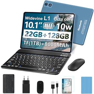 fezawio F10 Tablet 10 Pollici, Tablet Android 14, 22 GB RAM+128 GB ROM |1TB TF |8000mAh |5G Wi-Fi |Octa-Core |Widevine L1 |2.0Ghz Tablet PC Con Tastiera Mouse Fondina, Migliore Regalo-Blu