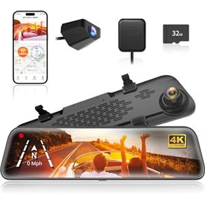 WOLFBOX 12" G840S 4K Dash Cam Specchietto con 5.8GHz WiFi, Dashcam Retrovisore Telecamera per Auto con Anteriore 170° e Posteriore 140°, Parcheggio Assistito, Sensore G(Con Scheda da 32 GB & GPS)