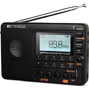 Retekess V115 Radio FM Portatile,Radio Vintage AM SW,Buona Ricezione,Compatto,Supporto USB AUX TF,Batteria Ricaricabile,Registra il Suono,Bassi (Nero)
