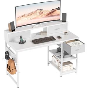 Devoko Scrivania Con Cassetti E Ripiano Reversibile, Scrivania Per Computer Con Contenitore, Supporto Per Monitor, Foro Per Cavi, 2 Ripiani Regolabili E Cassetto Inferiore, 120 X 50 Cm, Bianco