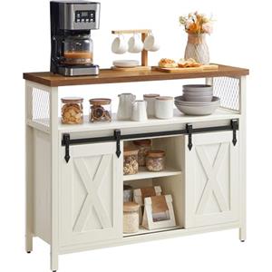 VASAGLE Credenza, Mobile da Cucina, Armadietto Organizzatore, con 2 Ante Scorrevoli, 33 x 100 x 80 cm, Ripiani Regolabili, Stile Country, per Soggiorno, Bianco Vintage e Marrone Miele LSC092W01