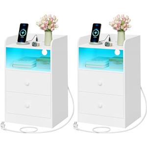 WOLTU Set di 2 Comodino con Stazione di Ricarica, Prese, Porte USB, Tavolino con Luci LED Regolabile, Cassettiera con Cassetti e Scomparto, 40x35x64cm, per Camera da Letto, in Legno, Bianco NTS07ws-2