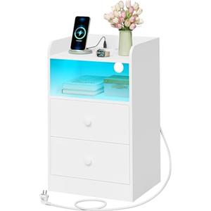 WOLTU Comodino con Stazione di Ricarica, Prese, Porte USB, Tavolino con Luci LED Regolabile, Cassettiera con Cassetti e Scomparto, 40x35x64cm, per Camera da Letto, in Legno, Bianco NTS07ws