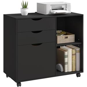 WOLTU Schedario Mobilet con 3 Cassetti e 2 Ripiani Aperti, Cassettiera con 5 Ruote e Binario per Appendere, Armadio Ufficio per Cartelle e Documenti a4, 80x39,5x69,5 cm, Nero