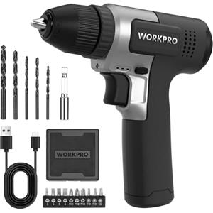 WORKPRO Trapano a Batteria 8V, Trapano Elettrico con Mandrino da 10 mm, Cacciavite Elettrico, Cacciavite con Velocità Variabile, Cacciavite Ricaricabile Tipo C, con 15 Accessori, Nero