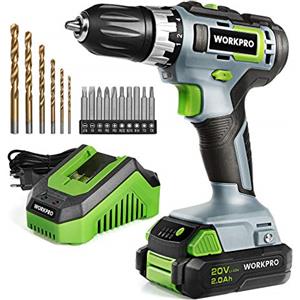 WORKPRO Avvitatore a batteria 18/20 V, 16 accessori, coppia 25 NM, velocità variabile, luce LED, 2 direzioni, batteria Li-ion 2,0 Ah, caricatore rapido