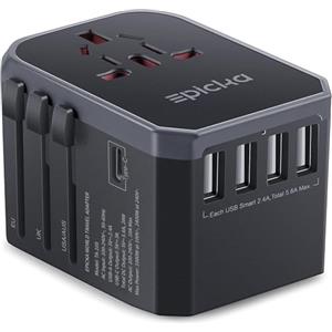 EPICKA Adattatore Universale da Viaggio 28W, con 1 USB-C e 4 USB-A, Presa Internazionale per Germania Francia USA UK Giappone Thailandia Australia, Grigio