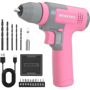 WORKPRO Trapano a Batteria 8V, Trapano Elettrico con Mandrino da 10 mm, Cacciavite Elettrico, Cacciavite con Velocità Variabile, Cacciavite Ricaricabile Tipo C, con 15 Accessori, Rosa