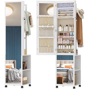 Hzuaneri Armadietto Portagioie con Specchio, 8 LED, Multifunzione organizzatore di Gioielli con 1 Appendiabiti, Armadietto Porta Gioielli, Vestiti, Cappelli, Bianco e Beige JC17003BE