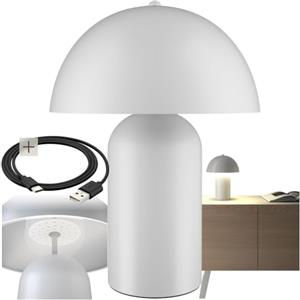 TecTake® Piccola Lampada da Tavolo Retro, Abat-Jour Design a Fungo anni '70, Batteria Ricaricabile USB-C, Lampda Portatile con funzione Touch, Illuminazione Dimmerabile, Acciaio Robusto, 40W - Bianco