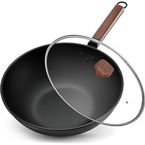 Jobin 33cm/5,6L Wok Antiaderente in Acciaio al Carbonio con Coperchio - Padelle Senza Rivestimento Chimico - Può Cucinare Piatti Asiatici per 4-6 Persone - Adatto a Tutti i Fornelli
