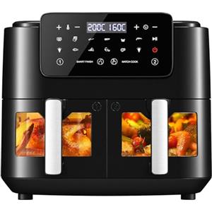 LLIVEKIT Friggitrice ad Aria a 2 Cestelli, Air Fryer da 9L, Friggitrice senza Olio con Display LED, Finestre Visibili, 10 Funzioni, Cottura e Finitura Sincronizzate, da 50-200oC, 2400W, Nero