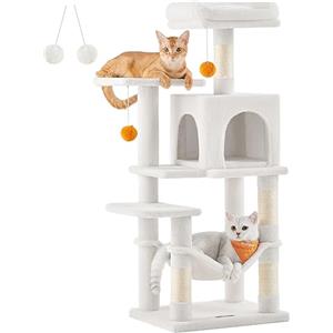 Feandrea Albero per Gatti Alto 112 cm, Tiragraffi per Gatti, con 4 Pali Graffiatoi, 2 Posatoi, 1 Grotta, 1 Amaca, 2 Pompon, in Peluche a Più Livelli, Bianco Crema PCT261T01