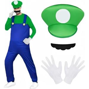 BSBUY Costume Mario Adulto, 4Pcs Costume Mario-bros con Cappello, Baffi, Guanti, Mario Brothers Cosplay Costume Unisex, Fancy Dress Outfit Super Costume per Halloween, Carnevale, Verde, L