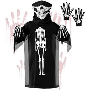 BSBUY Costume da Bambino da Morte, Skeleton Costume per Bambini di Halloween, 3PCS Spaventoso Morte Vestito, Nero Vestiti Mietitore Pauroso, Bambini Scream Skeleton Vestito di Carnevale e Feste