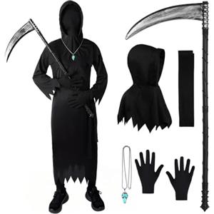 BSBUY Costume da Bambino da Morte, 6PCS Spaventoso Morte Vestito con Falce, Mietitore Costume per Bambini di Halloween, Vestiti Mietitore Pauroso, Bambini Scream Fantasma Vestito di Carnevale, Feste