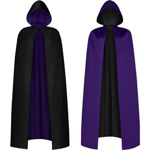 AOOWU Mantello Cappuccio Nero Viola, Mantello con Cappuccio Mantello da Vampiro per Adulti, Lungo Mantello Costume di Halloween Carnevale Capo Masquerade(Reversibile-150cm)